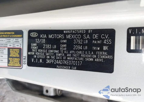 2019 Kia Forte Lxs z USA, uszkodzony, nr VIN 3KPF24AD7KE070117